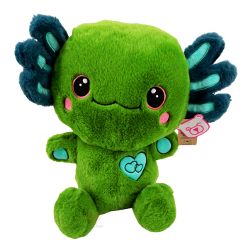 Grünes Axolotl Plüschtier ca. 35 cm mit flauschigen Kiemen und Herz-Detail – sitzendes Kuscheltier als süße Deko oder Geschenkidee.